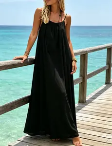 Backless Dress, Women's Printed Cami Lounge Dress, Women Spaghetti Strap Backless Maxi Dress Loose Flowy Linen Sundress Summer Beach Vacation Cover Up Long Dress