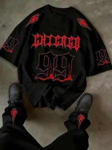 Men's Chicago 99 Flame Print Sporty Loose Fit Short Sleeve T-Shirt, Gothic Y2K Streetwear, Hip Hop Punk Vintage Dark Style
