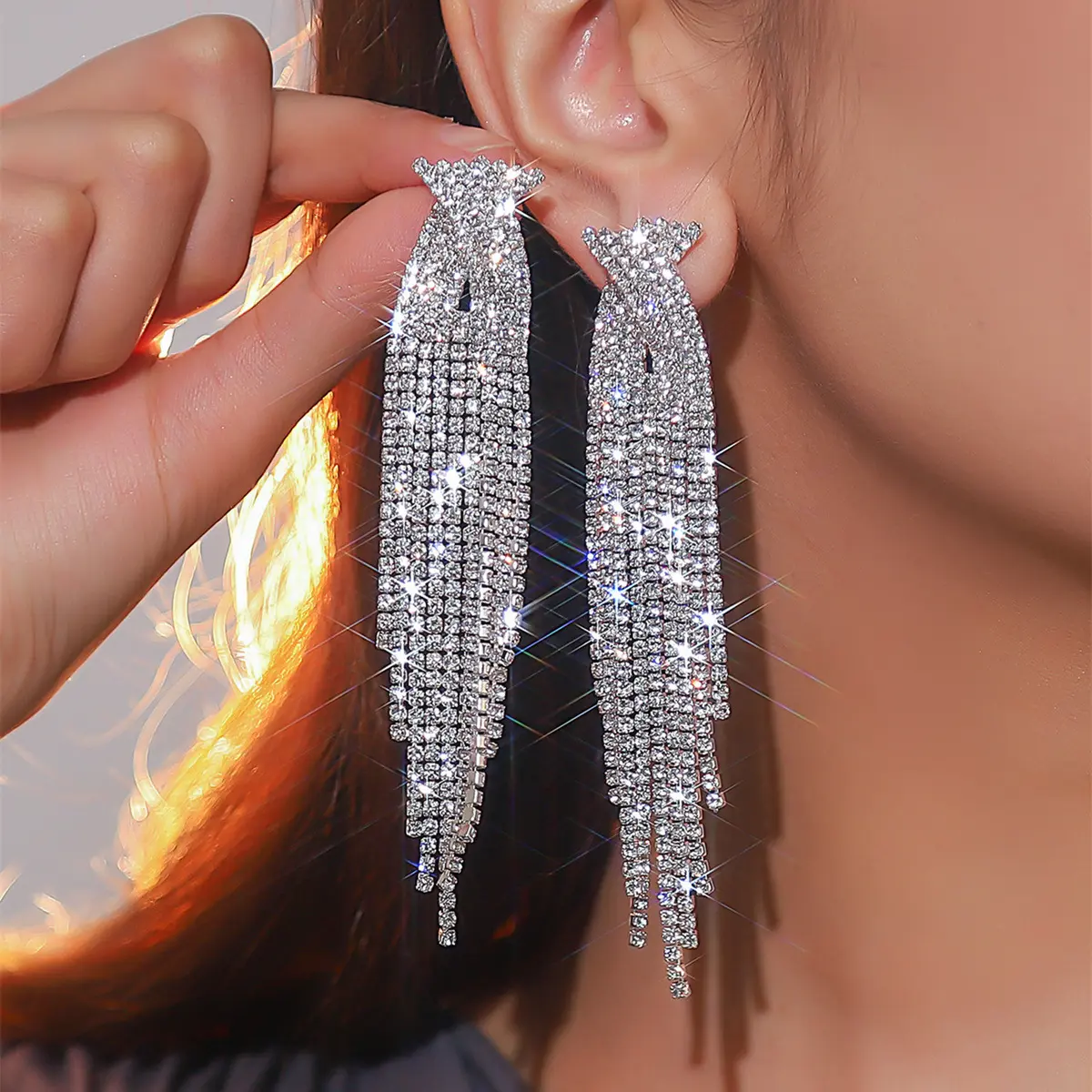 1 Pair Elegant Sparkling Full Rhinestone Long Tassel Dangle Earrings For Women Jewelry Party Accessories