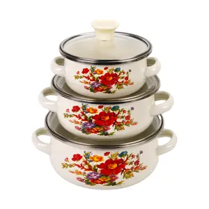 Mini Enamel Soup Pot Set 12cm/14cm/16cm,Brightly Colored Flower Pattern, Durable Cookware for Home Cooking & FoodStorage, Suitable for Gas Stoves & Induction Cooktops, Easy toClean & Stylish Design
