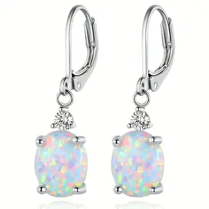 1Pair, Shiny Rainbow Opal Hoop Drop Earrings, Silver Plated Round Zircon Inlaid Oval Gemstone Dangle Ear Jewelry, Minimalist Elegant Versatile Women Fashion Accessory, for Daily Wear, Date, Party,Wedding,Banquet,Holiday,Birthday&Festival Ear Decoration