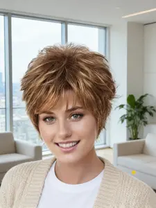 Fashion Wigs for Women, Golden Mixed Brown Fluffy Layered Short Hair, Suitable for Woman Daily Wear and Festive Occasions, All Seasons Use, Straight Layered Wigs