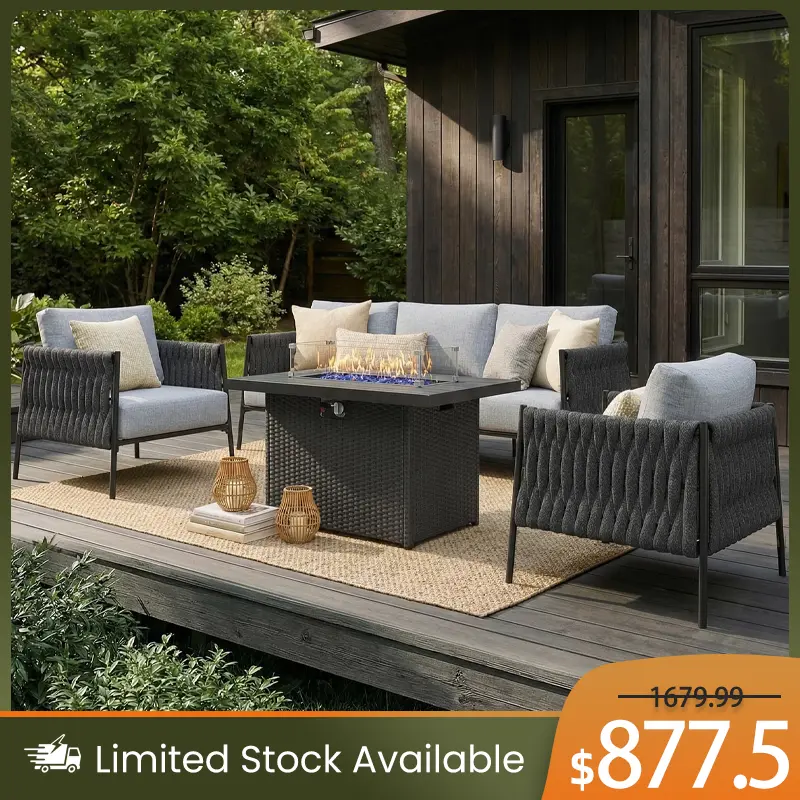 【3 Packages Shipping】LayinSun 4 Piece Outdoor Furniture Set with Fire Pit Table, Modern Rope Woven Patio Conversation Sofa Set with Olefin Braid and Deep Seating