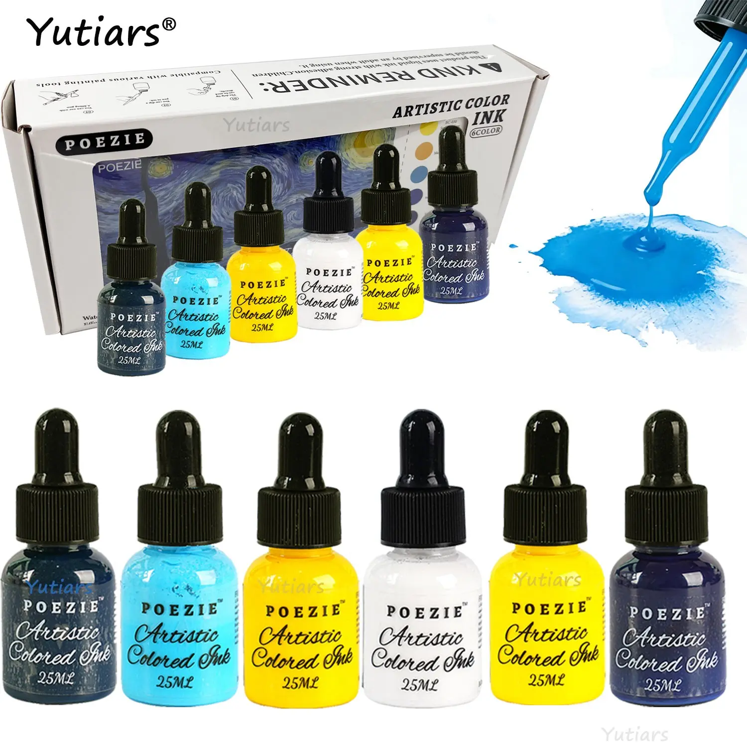 Premium 6pcs X 25ML Acrylic Ink Set with Dropper, Essential Colors for Artists, Quick Dry Permanent Ink for Airbrush, Pouring Art & Scrapbooking