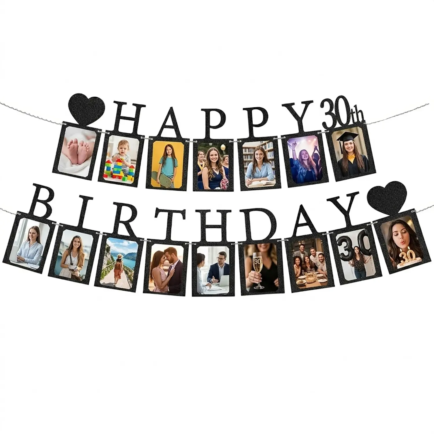 30th Birthday Photo Banner, Black Glitter Happy 30th Birthday Garland with Picture Frames, 30 Years Old Milestone Birthday Party Decorations Supplies, Backdrop Banner, Party Banners