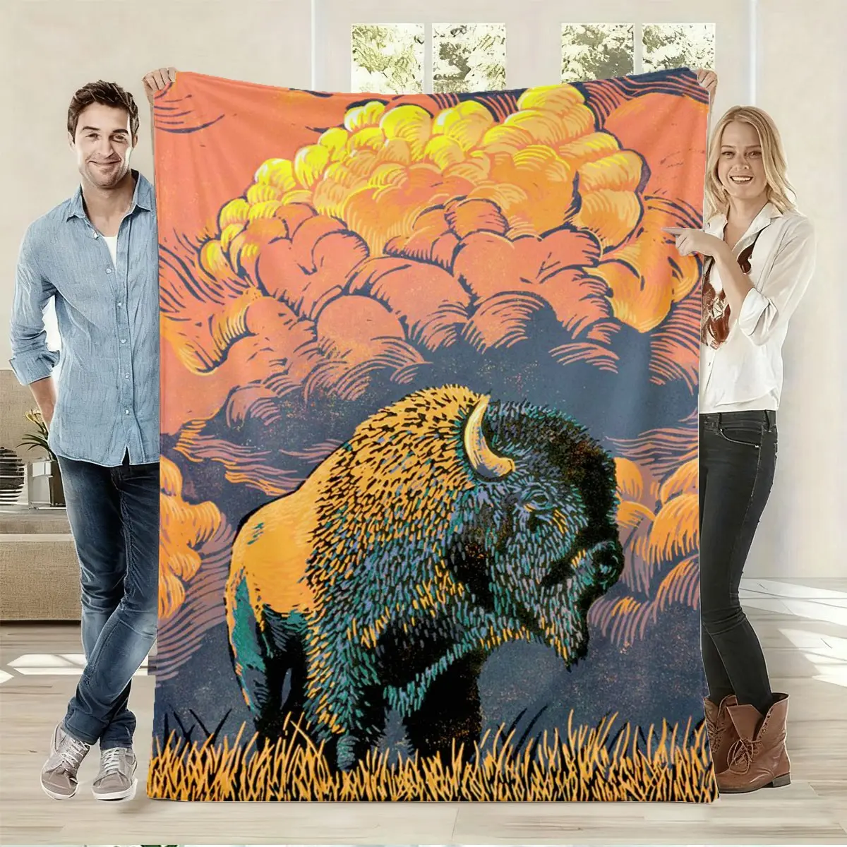 Vintage Buffalo Print Blanket, Soft Flannel Warm Bedding, Ideal for Bedroom Decor, Retro Wild Art Style
