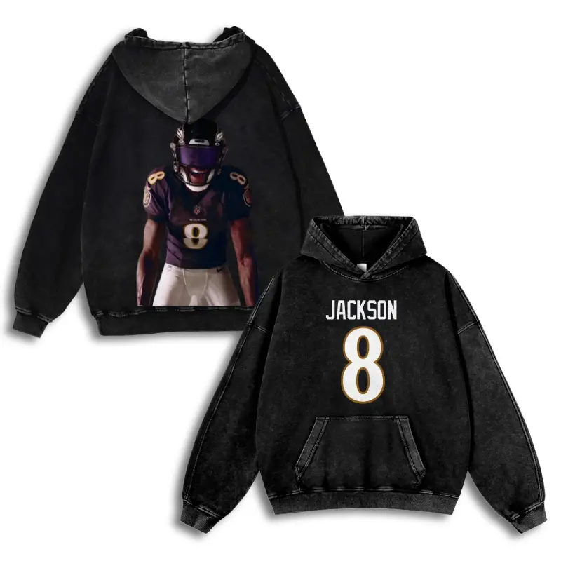 Lamar Jackson #8 Ravens V5 Casual Washed Hoodie | Dynamic Dash QB Gear, Raven Nation Pride, Oversized Washed Elusive Collector
