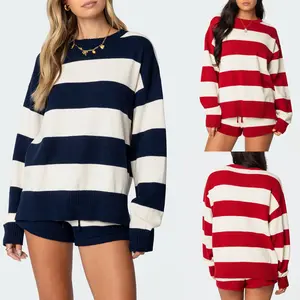 Women Striped Knit Sweater Set 2 Piece Outfit Oversized Long Sleeve Sweater and Shorts Matching Lounge Sets