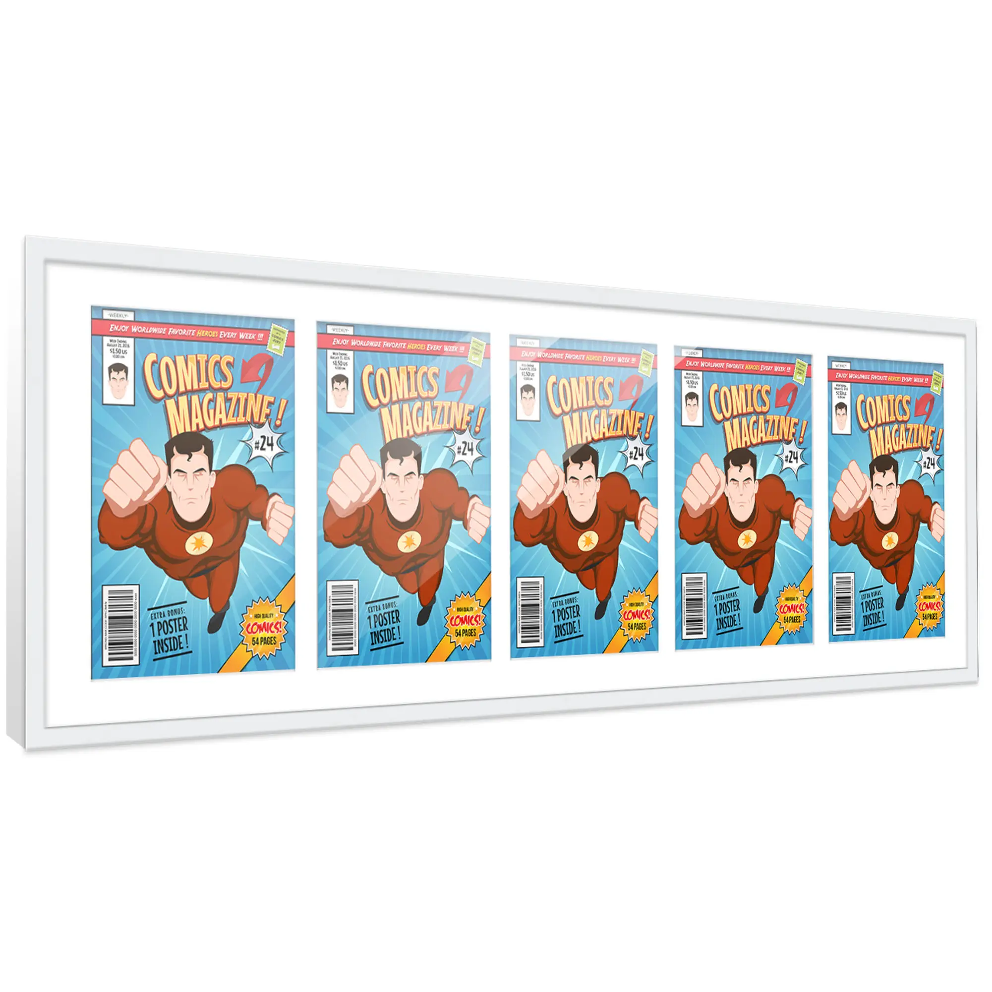 Comic Book Frame with Mat for 5 Current Era Comics Published After 1985 - White Wood Comic Frame With White Mat for 6.875x10.5 Comics - 44x14 Frame Size