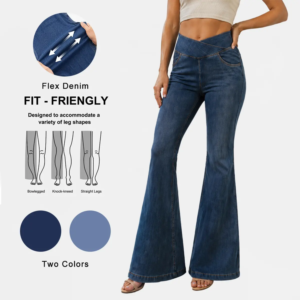 Flare Jeans Women Stretchy Flex Denim Bell Bottom Pull On Elastic Waist V Cross Bootcut Yoga Pants with Pockets Streetwear Womenswear Flared Basic