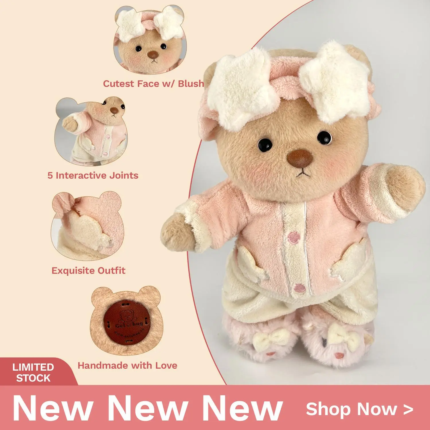 Getahug Star Hairband Teddy Bear Pajamas - Handmade Jointed, Cute Stuffies, Moveable Stuffed Animal Collectibles, Collectible Figures, Soft Cuddly Hand Wash Gift, Changeable Outfit Set for Christmas Girls