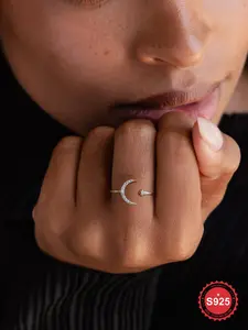 S925 Sterling Silver Moon & Zircon Decor Cuff Ring, Adjustable Ring for Women, Elegant Jewelry for Women, Trendy All-match & Exquisite Jewelry for Birthday Gift, Cute Rings