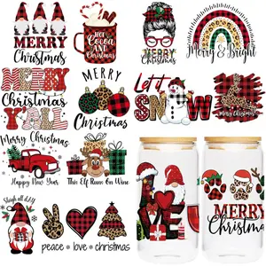 UV DTF Cup Wraps Sticker - 8 Sheet Christmas UV DTF Cup Wraps for 16 oz, UV DTF Transfer Sticker, Gnome Reindeer Tree Rainbow Design Happy New Year Creative Festival Decoration, Art Stickers