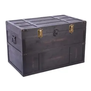 Vintiquewise  Antique Dark Wooden Storage Trunk with Lockable Latch, Black - Large