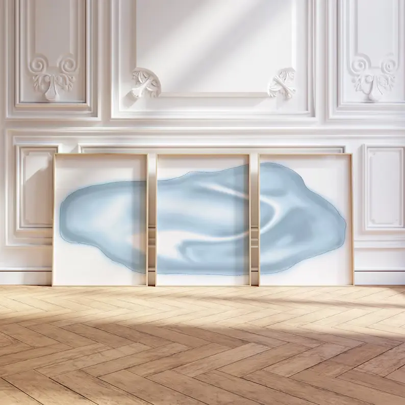 Set of 3 Stretched Trendy Blue Aura Gradient Poster Wall Art, Printable Set of 3 Wavy Pastel Gradient Dorm Decor Print Set