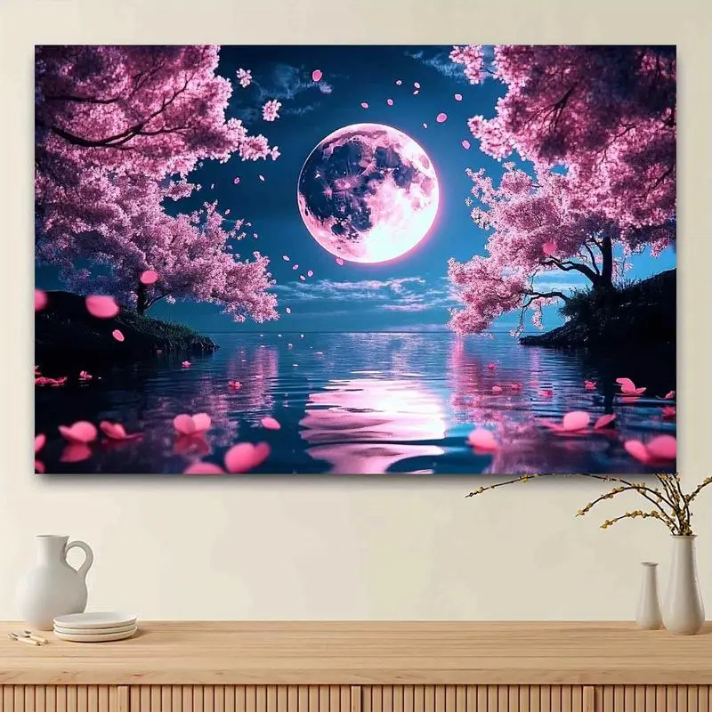 1pc Moonlit Cherry Blossom Polyester Tapestry - Full Moon & Pink Sakura Flower Pattern Wall Hanging, Indoor Home Decor, Party Backdrop (30x40, 40x60, 60x90 in Sizes)