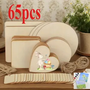 65 Pieces Untreated Wooden Board for Crafts, Round Square Heart-Shaped Wooden Discs Blanks Pyrography Painting Writing Staining Wooden Plate Set for DIY Crafts, Party Decoration