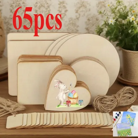 65-Piece Unfinished Natural Untreated Wooden Handicraft Board Kit - Round, Square, Heart-Shaped Disc Blanks for Pyrography, Painting, DIY Woodwork, DIY Crafts, Diy Kit