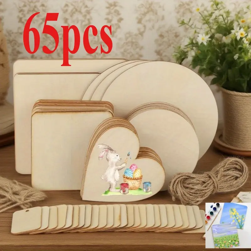 65-Piece Unfinished Natural Untreated Wooden Handicraft Board Kit - Round, Square, Heart-Shaped Disc Blanks for Pyrography, Painting, DIY Woodwork, DIY Crafts, Diy Kit