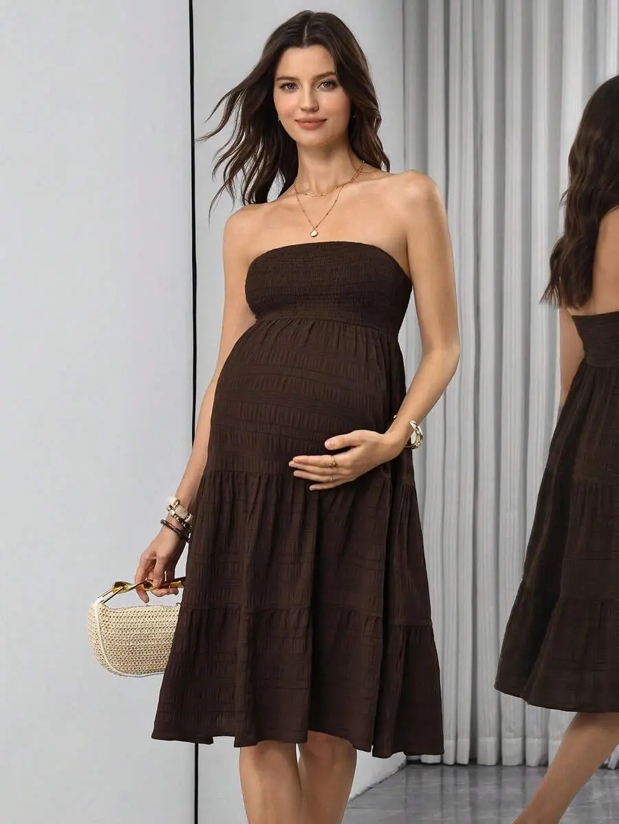 ROSY x  Maternity Brown Tube Dress,Summer Boho Holiday Style Strapless Shirred Maxi Dress, Tiered Ruffle Hem Outfits For Pregnant Women,Vintage Date