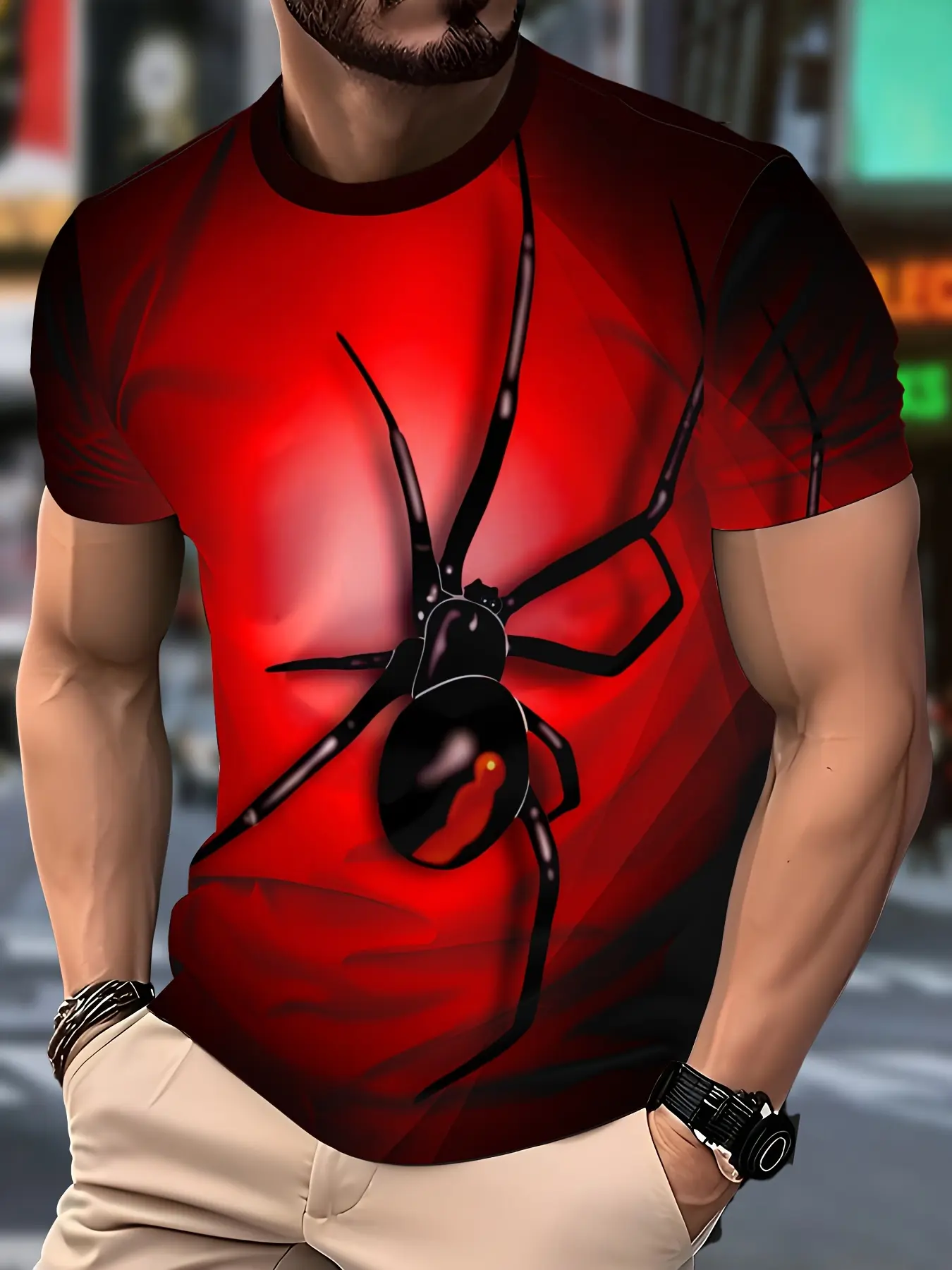 Men's New Spider Pattern-Shirt- Red Casual Polyester Fiber Crew Neck Short Sleeve, 3D Print, Washable, Urban Street Style, PLUS SIZE