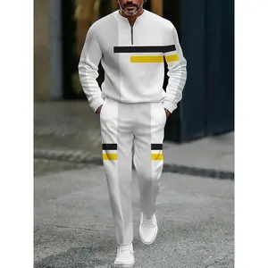 European and American two-piece men's white sports suit |     Geometric stripe design, semi open collar |     High quality polyester fiber fabric, wrinkle resistant and easy to maintain |     Fitness trend, suitable for sports and leisure style