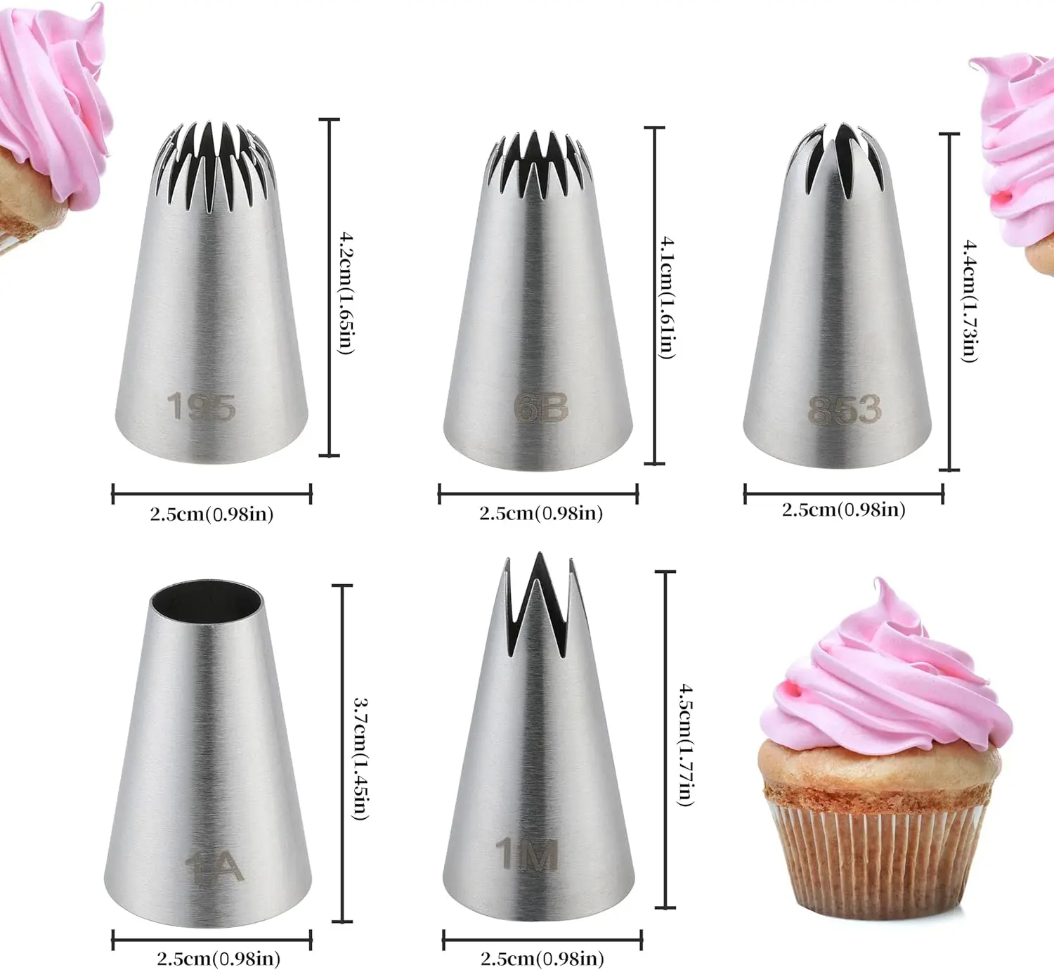 5 Pack Large Stainless Steel Piping Tips Set, Reusable Frosting Icing Nozzles for Cake, Cupcake & Cookie Decorating, Dishwasher Safe