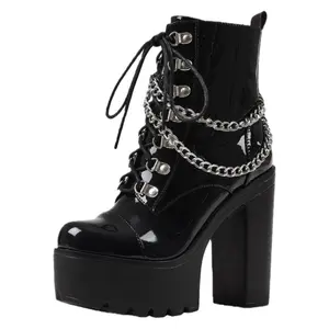 Women's Gothic Black Boots with Chain Buckle Strap Punk Pumps High Heels for Stylish Outfits