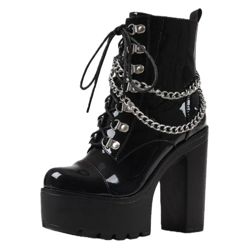 Women's Gothic Black High Heel Boots - Chain Buckle Strap Punk Footwear, High Heeled Booties, Heels Shoes for Women for Stylish Outfits