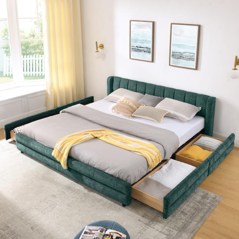 King Size Upholstered Bed Frame with Headboard and 4 Storage Drawers, Solid Bed Frame with Thick Fabric, Comfortable Upholstered Bed Frame, Chenille Fabric (86.5''*84''*29.5'')