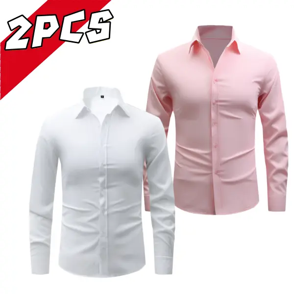 Men’s solid-color long-sleeve shirt two-pack, business formal dual styles, turn-down collar single-breasted design, smooth, skin-friendly, easy to care for, versatile top for office commuting