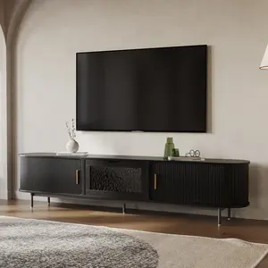 94.49"Mid-Century Modern Tambour Door TV Stand,Black Rolling Door TV Console,  Water-textured Glass Door Media Console