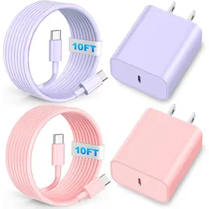 Compatible with i Phone Chager Fast , 2Pack 10FT 60W USB C   Cord 20W Type C Wall Charger Block, Compatible with i Phone 15/16 Plus/Pro/Pro Max - Pink Purple