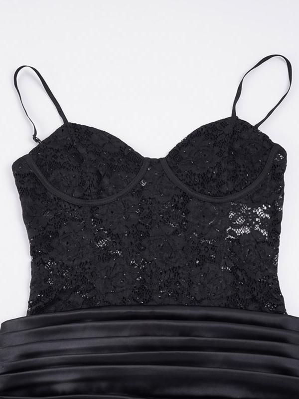 Sexy Series Chest Lace Hollow Splicing Satin Bottom Thin Strap Dress European and American Style Women's Tight Party Bag Short Outfits Music Festival Dressing