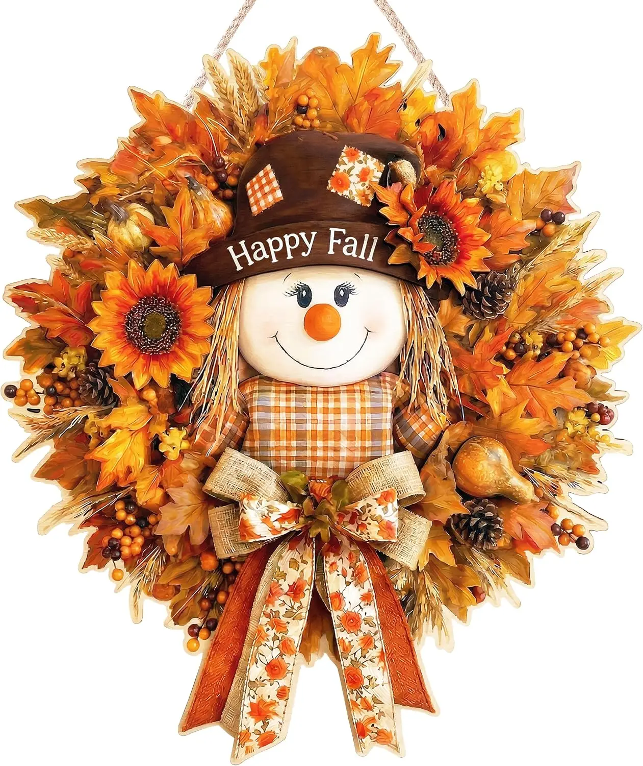 Fall Decorations for Home Wooden Fall Decor Scarecrow Door Wreath for Front Door Farmhouse Scarecrow Maple Leaf Welcome Sign Door Hanger for Autumn Harvest Thanksgiving Outdoor Indoor Wall Home Decor