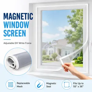 Adjustable DIY Magnetic Window Screen Max 55InchH x 36InchW Fits Any Size Smaller with White Frame Fiberglass Mesh