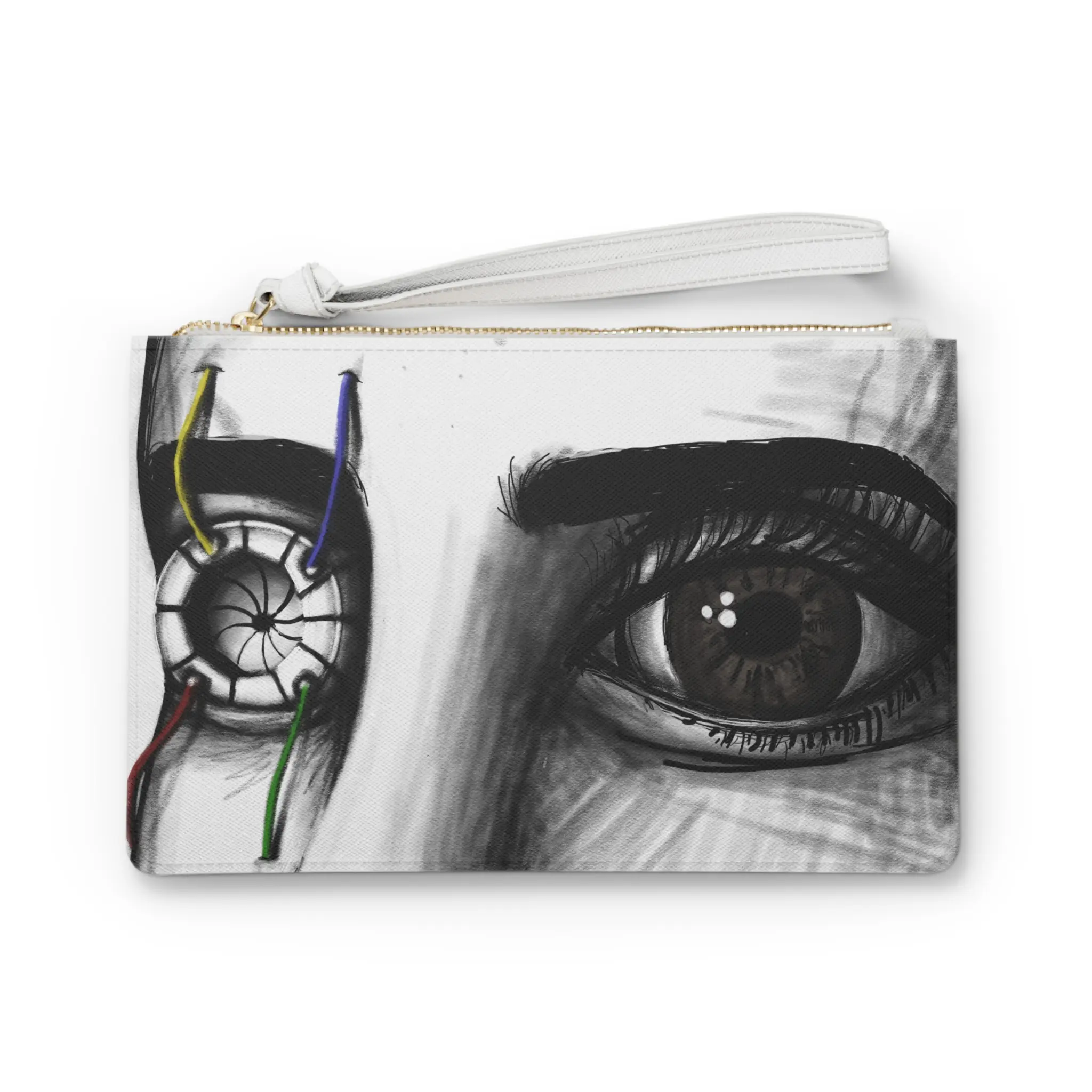 Cyber Eye sketch clutch bag | monochrome portrait, mechanical iris, wired detail