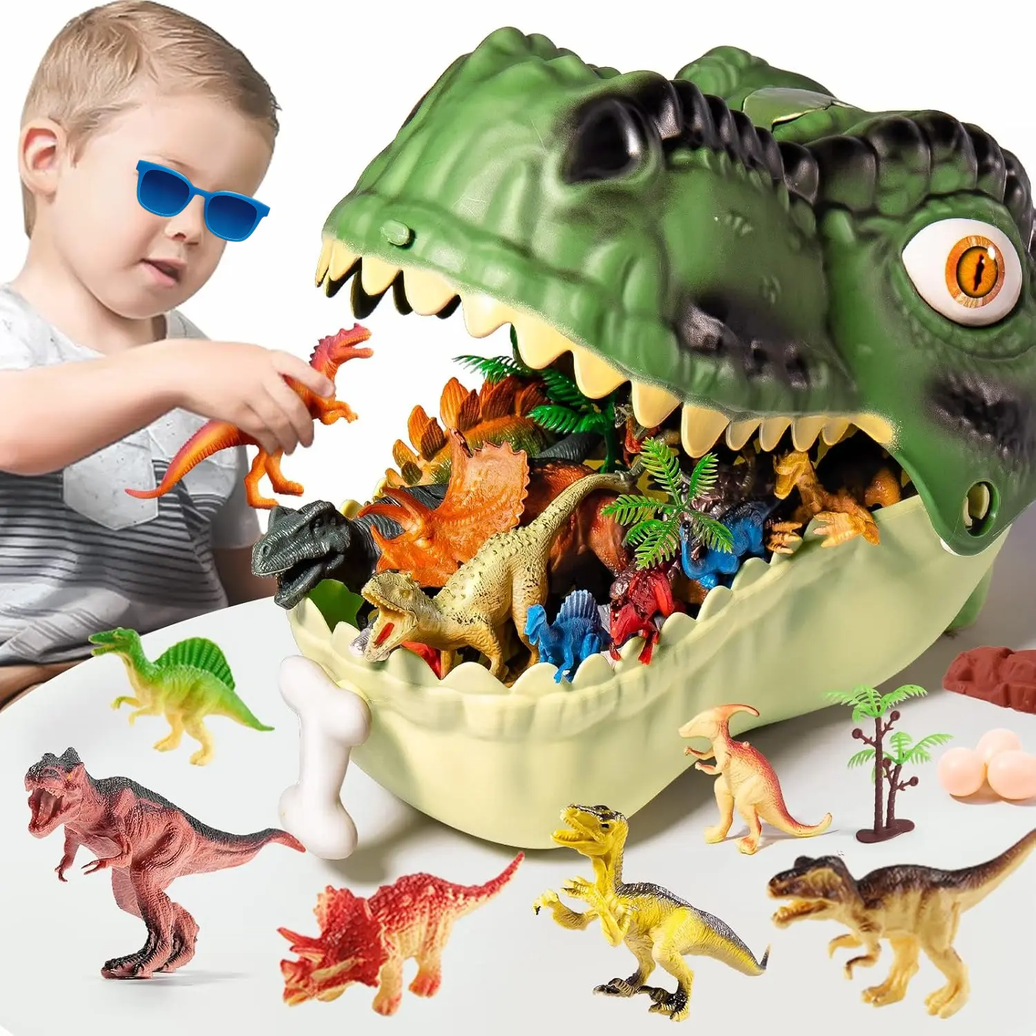 GJ X-MTS19 Dinosaur Model Figure Playset for Kids 3-5, 45PCS Realistic Jurassic Figures with Eggs, Trees & Fence, Educational Toy, Great Gift for Toddlers
