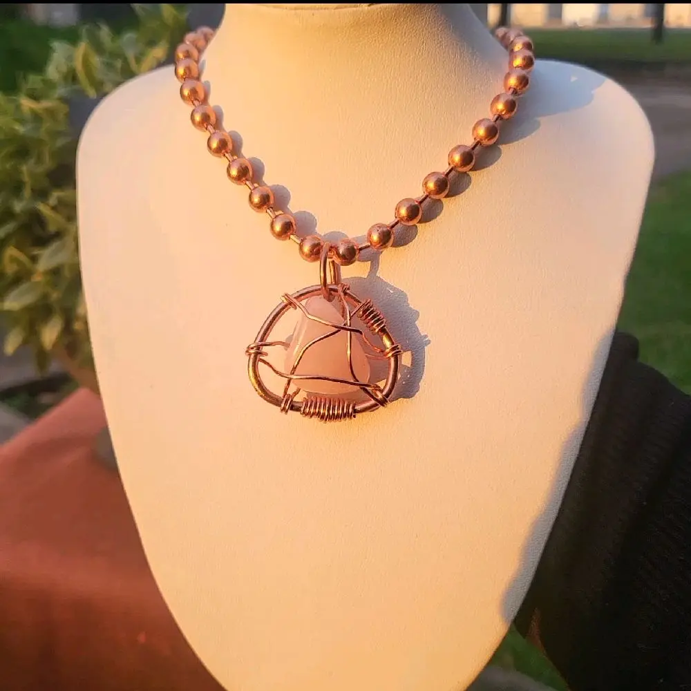Self Love • Rose Quartz Necklace • Pure Copper Ball Chain Necklace • Wire Wrapped