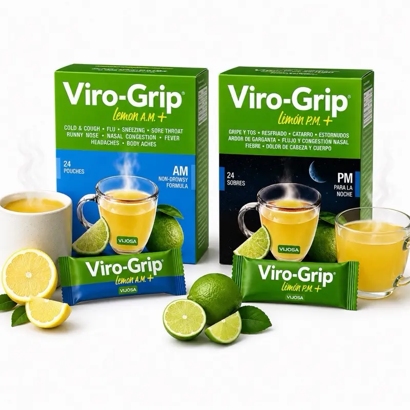 Viro-Grip Lemon A.M. & Lemon P.M. Bundle | Day & Night Drink Mix Formula | 24 Sachets Each | 2-Pack