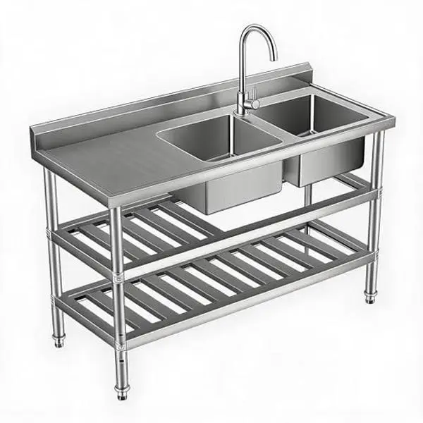 Stainless Steel Utility Sink, 47" Double Bowl Free Standing Sink with Faucet, Cold & Hot Water Pipe, Storage Shelf and Drain Kit, for Kitchen, Bathroom, Laundry, Garage
