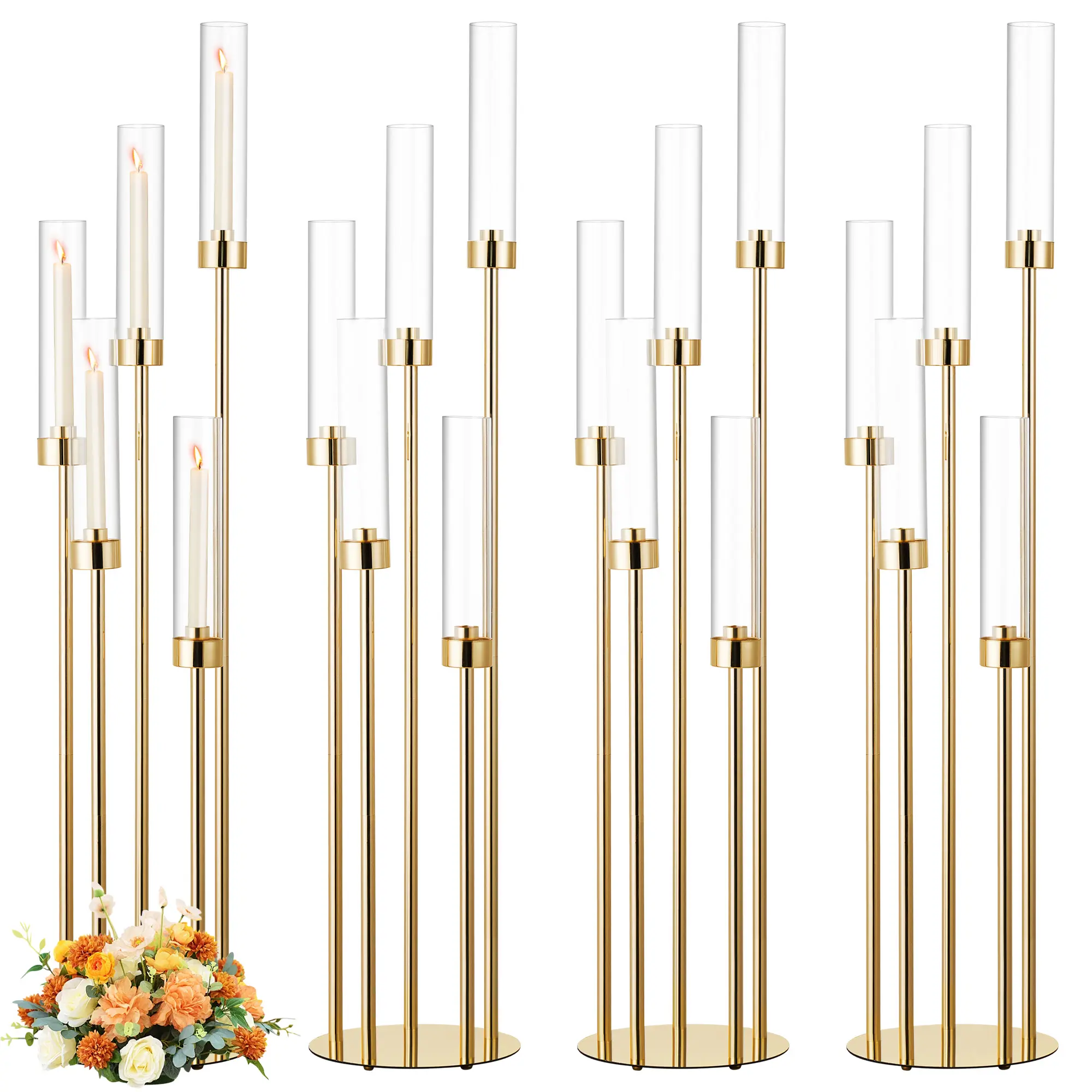 4PCS Tall Gold Candelabra Centerpiece - 42.5In Tall Stand 5-Arm Metal Candle Holder with Acrylic Lampshades, LED Compatible Symmetric Look Luxury Home Decor for Wedding Tables, Birthday Party, Four Pieces, Event Planners