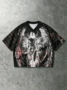 Unisex 100% Cotton Black Oversized Cropped T-Shirt | Dark Fallen Angel Print + Red/White Graffiti Slogan Y2K Gothic Alt Streetwear Top