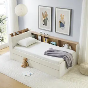 Twin Size Upholstery Velvet Height Adjustable Day Bed with Storage Headboard and Wireless Charging, Multi-functional Daybed with Trundle Bed & LED Lights, Beige