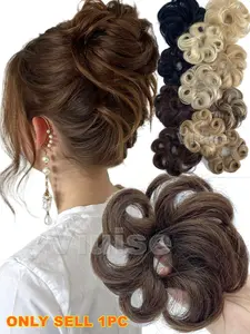 1PC Daily Curly Wave Messy Hair Buns Real Human Hair Extensions Ponytail Hairpieces Add Volume For Women Blonde Brown Natural Chignon Extensions Scrunchy Updo HairPiece Wave Hair Buns Extensions Install Easy Natural Wavy Hair Soft Wavy Curly