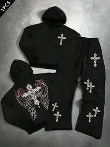 Trendy Religious Aesthetic Two-Piece Set, Cross Wings Print Hoodie & Multi-Cross Sweatpants, Loose Comfort Fit, Men's Streetwear