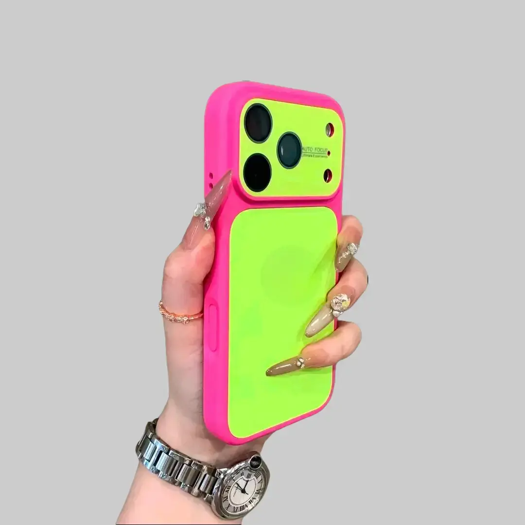 Neon Dopamine Color-Blocking Skin-Friendly Back Panel Phone Case for iPhone 14-17 Pro Max, Phone Accessories, Large Window Lens Protection, Full Coverage