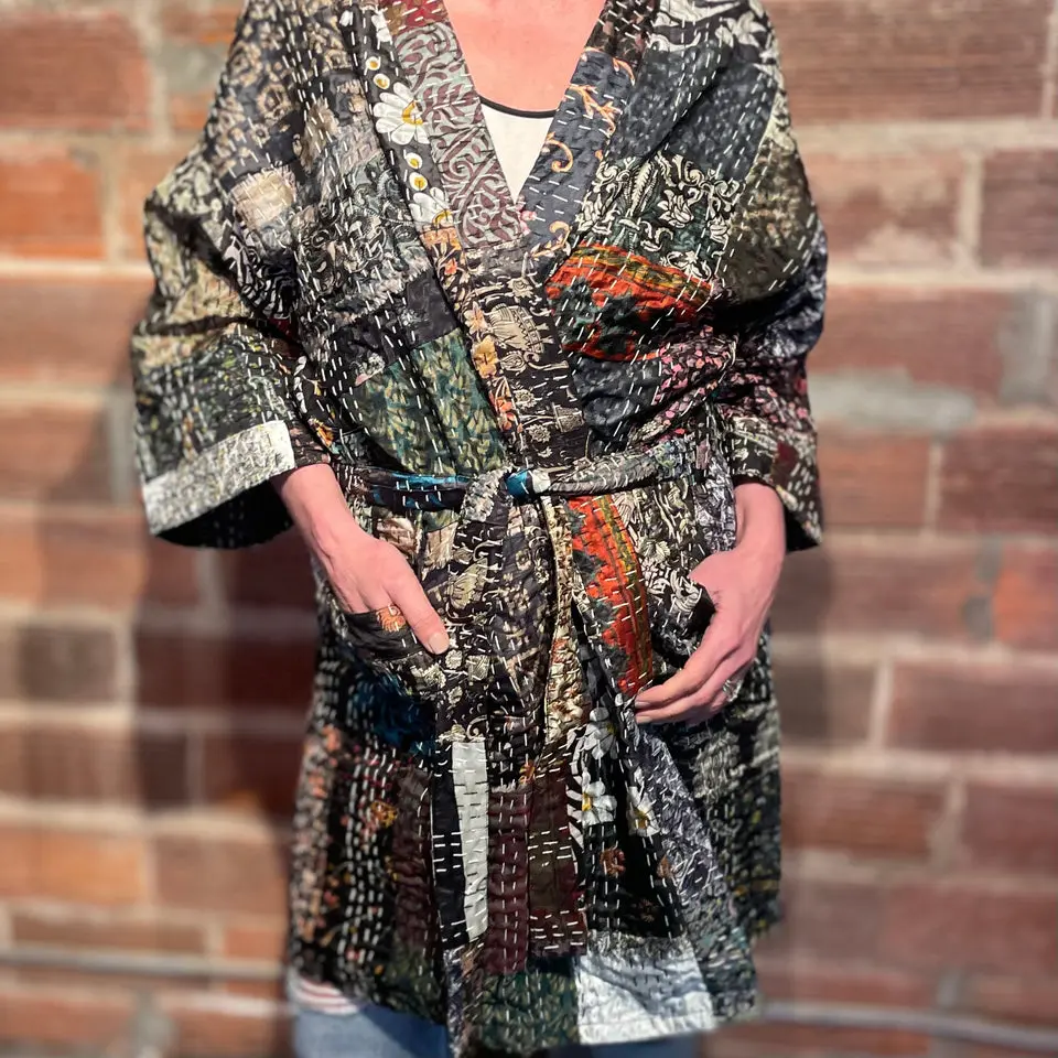 Hand Stitched Black Indian Kantha Robe. Kantha Jacket.
