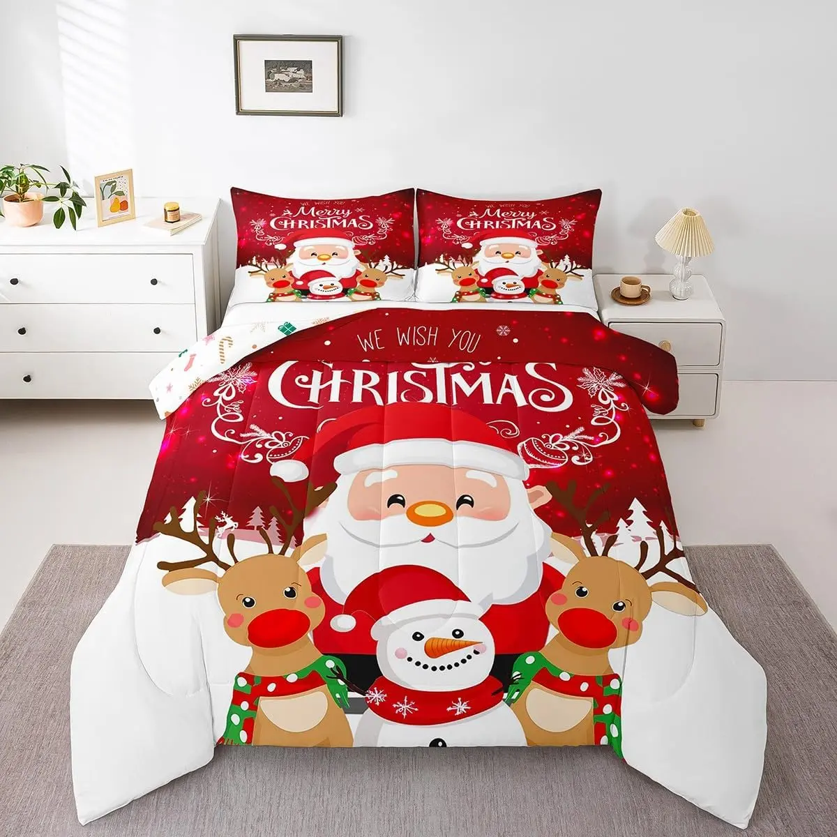 Feelyou Queen Bedding Set - Polyester Fiber Christmas Theme Santa Claus Comforter, Cute Deer Duvet, Breathable Soft Blanket, Soft Lightweight Travel-Friendly Kids Bedding, Soft Lightweight Blanket