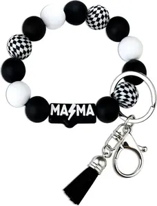 Mama Keychain Wristlet Silicone Beaded Bracelet Key Chain for Women Holder Car Keyring Accessories with Tassel